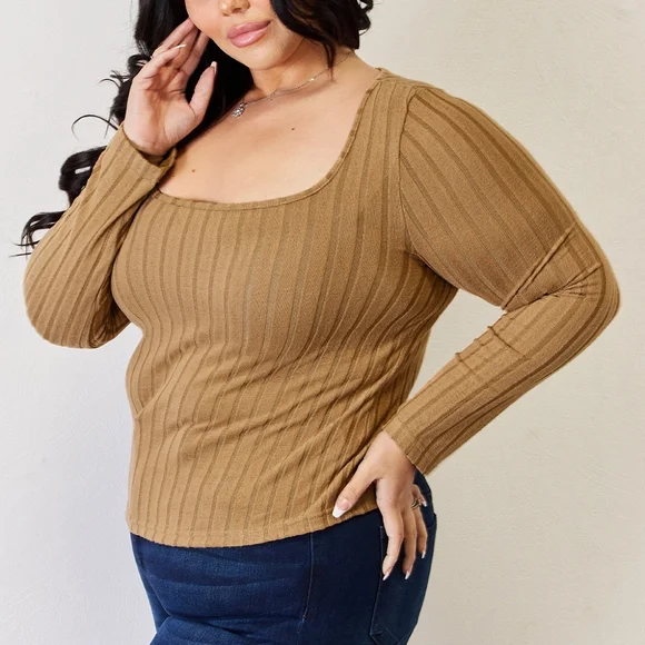 Tan Ribbed Long Sleeve Full Size Top - Picture 6 of 14